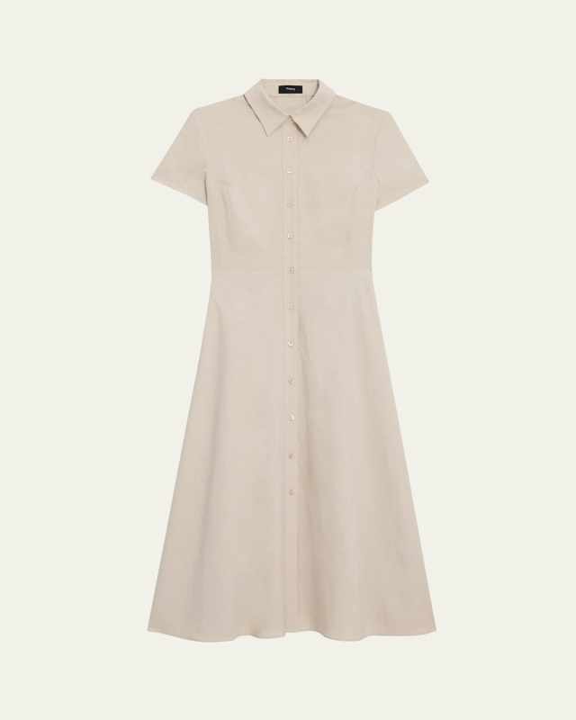 Good Linen Short-Sleeve Button-Front Midi Shirt Dress